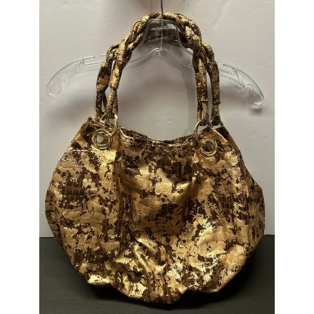 Gold Metallic Oversized Bag Braided Handle Gold Metallic‎ Snakeskin Hobo Purse